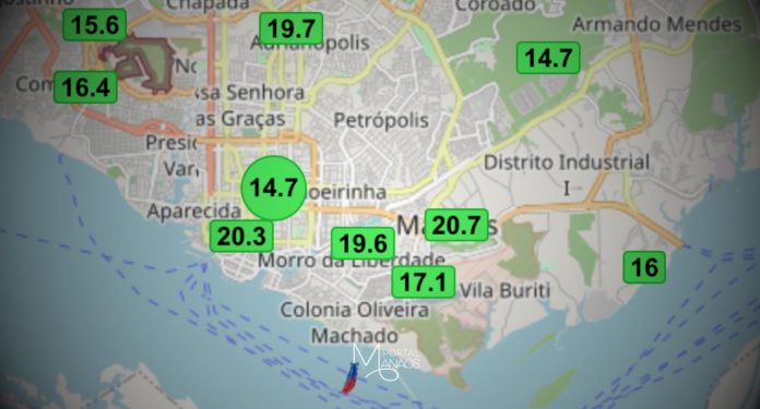 Após crescente, piora da Qualidade do ar desacelera em Manaus, nesta quarta-feira (15). O nível de poluição por PM2.5 (Partículas inferiores a 2,5 microns) havia chegado ao número de 166 nos marcadores da The Weather Channel, o que classificava o ar na capital como insalubre. A forte chuva que caiu sobre a cidade na tarde de ontem (14) auxiliou na disssipação da nuvem de fumaça que encobria grande parte dos bairros de Manaus.