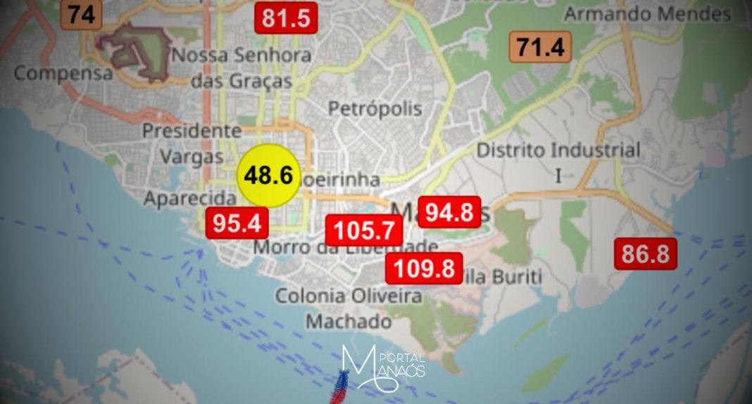 Índices de poluentes no ar aumentam e Manaus fica encoberta de fumaça novamente, nesta quarta-feira (28). Os marcadores da The Weather Channel apontam a média de 184, número que classifica o ar da cidade como insalubre.