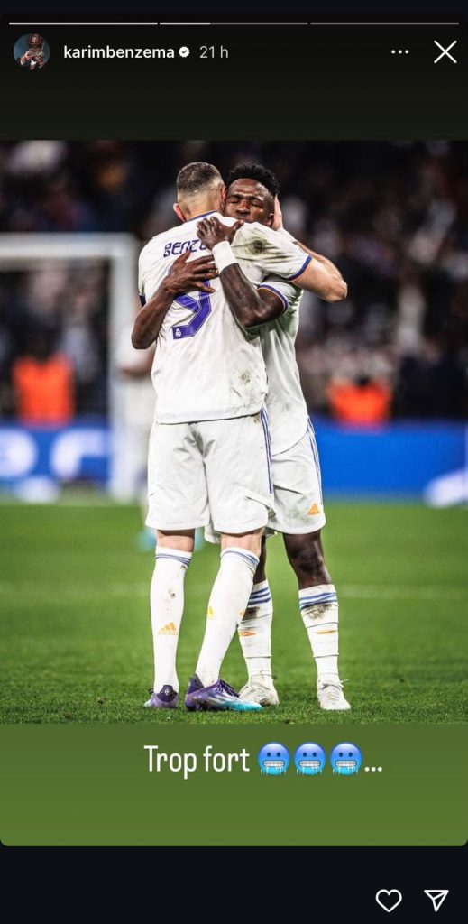 Ex-companheiro de Vinicius em Madrid e melhor do mundo em 2022, Karim Benzema publicou no story no instagram uma foto com o companheiro  e a legenda: "Muito Forte"