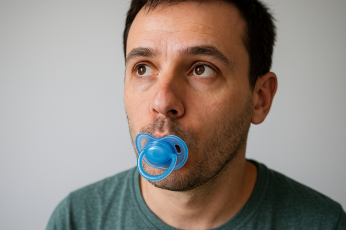 Homem com chupeta azul