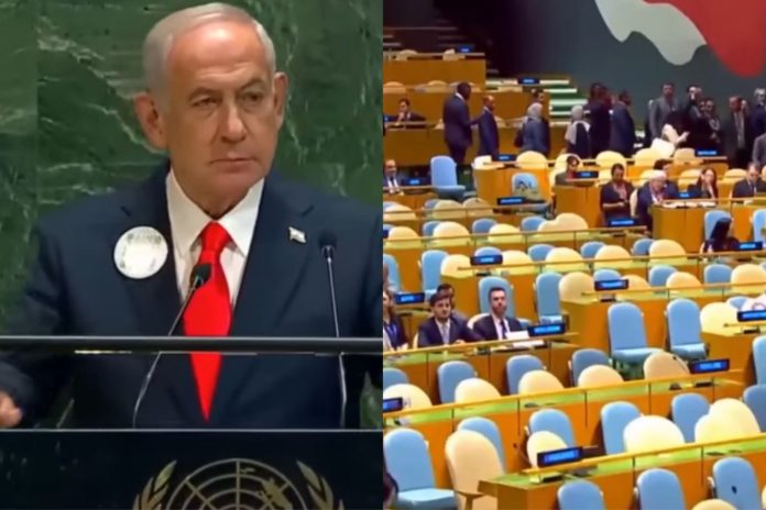 Netanyahu olha delegacoes saindo de salao da ONU durante seu discurso